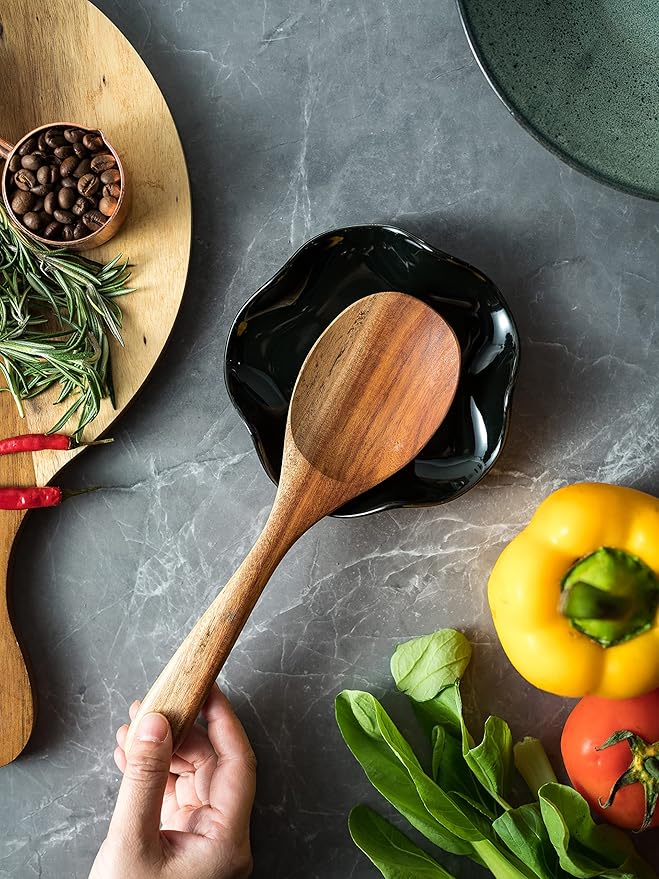 Spoon Rest for Kitchen Counter, 5.3" Ceramic Spoon Holder for Stove Top, Heat Resistant & Dishwasher Safe Cute Spoon Rests Spatula Holder for Multiple Utensils, Farmhouse Kitchen Decor Black