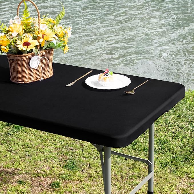 Rectangle 4ft Fitted Table Cover Elastic Tablecloth 4ft Stretch Spandex Table Top Cover for Dining Indoor Outdoor Party Black 23X48 Inch