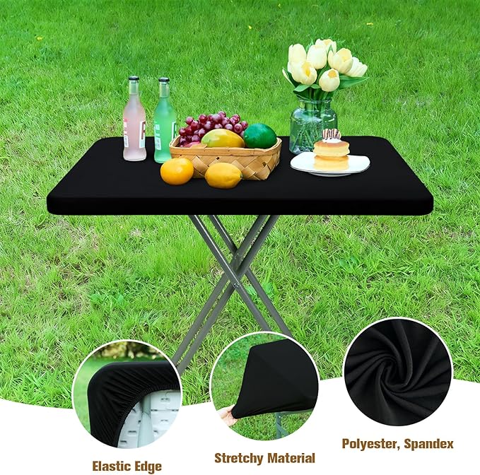 NEWISHER Fitted Rectangle Tablecloth 20 x 30 Inch Elastic Table Cloth for 2.5ft Table, Stretch Spandex Tables Cover Black Washable Polyester Top Cap Cover for Dining Picnic Camping Indoor and Outdoor