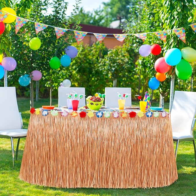 4PCS Hawaiian Table Skirt Decor, Yellow Luau Themed Grass Table Skirt Party Decorations, 108 X 29.5" Flower Tropical Hula Dance Parties Supplies, Table Skirt Bulk for Summer Beach Themed Activities