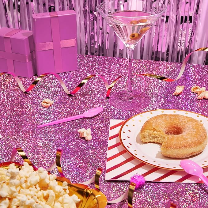 Just Shimmer Sparkling Pink & Gold Holographic Laser Tablecloth - Shimmering, Waterproof, Easy to Clean - Ideal for Bachelorette, Birthday, Wedding, and Anniversary Party Decorations