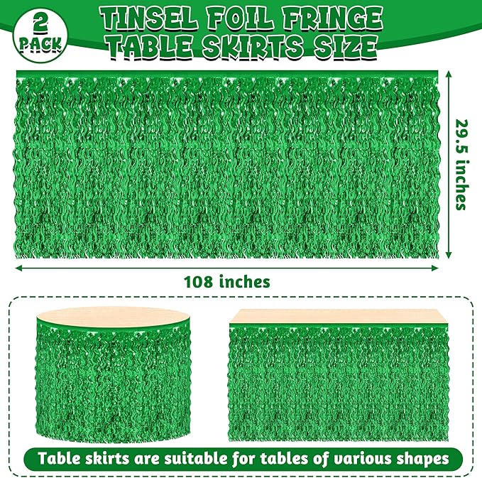 2 Pack Green Table Skirt, St Patrick's Day Foil Grass Table Skirt, Metallic Wavy Tinsel Foil Fringe Table Skirts, Table Skirts for Irish Holiday Saint Patrick Wedding Birthday Valentines Party