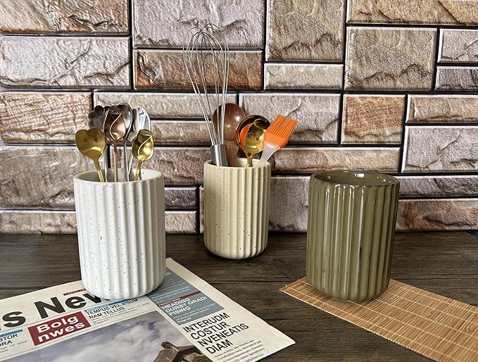 TOPYOKK Stoneware Coffee Bar Utensil Holder Tea & Coffee Spoon & Stirrer Holder for Stir Stick Straw Teaspoon Holder Spoon Cup Small Utensil Jar Fluted Vertical Stripe (Speckled Beige)