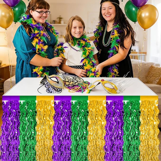 2 Pack Mardi Gras Decorations, 29.5 × 108 Inches Green Purple Gold Fringe Mardi Gras Table Skirt, Metallic Wavy Tinsel Foil Grass Table Skirt for Carnival Party Parade Decor