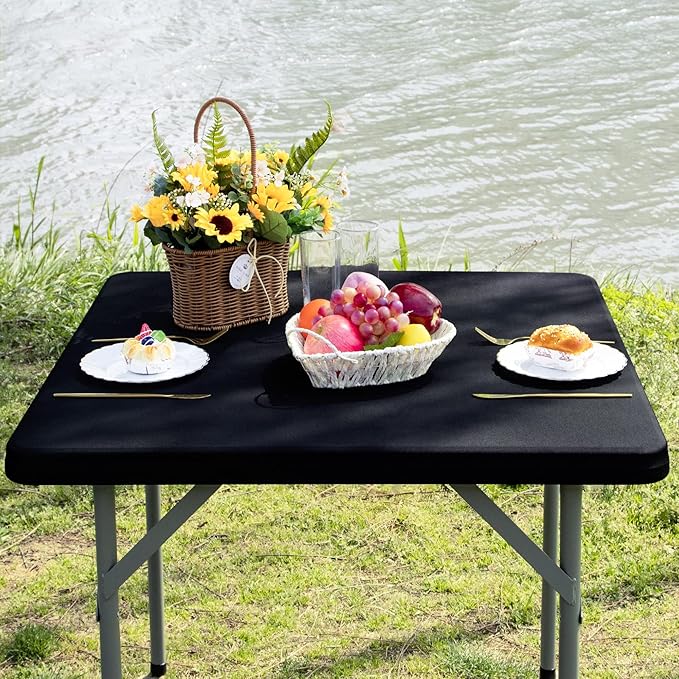 Square Fitted Table Cover Elastic Tablecloth Stretch Spandex Tables Top Cover Table Topper Cap for Dining Kitchen Home Party Black 34X34 Inch