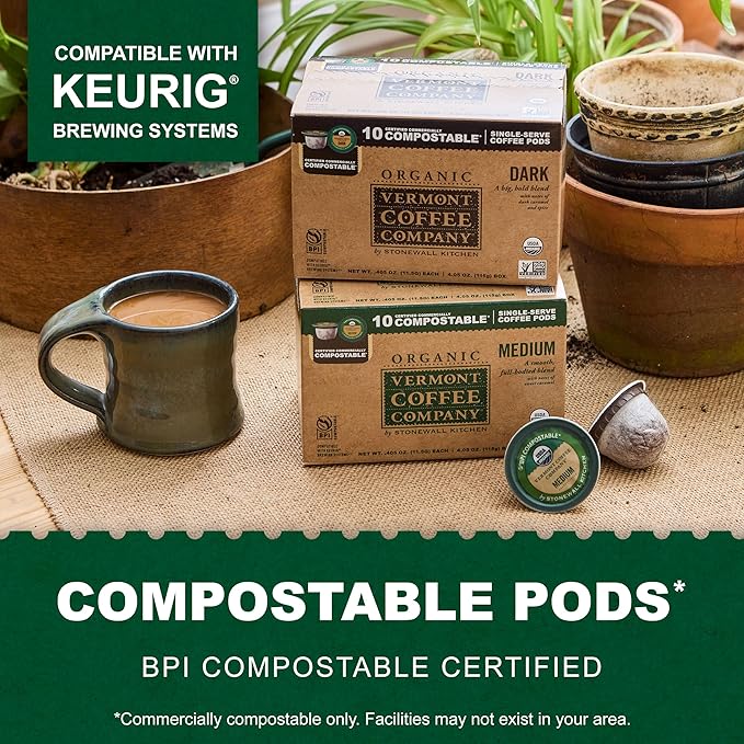 Vermont Coffee Company, Organic Medium Roast, Single-Serve Organic Compostable Coffee Pods for Keurig, 10CT, Compatible with Most Kcups Brewing Systems, Made in the USA