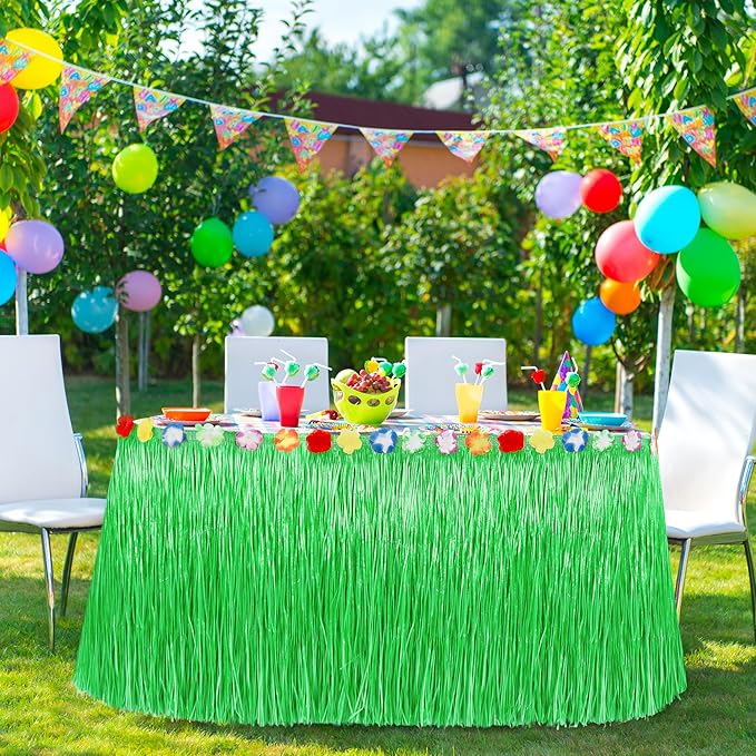 Hawaiian Party Table Decorations, 1PCS Green Luau Party Table Skirt Decorations, 108 X 29.5" Grass Skirts Luau Party Favors, Luau Table Skirt for Summer Tropical Hula Parties Decor Accessories