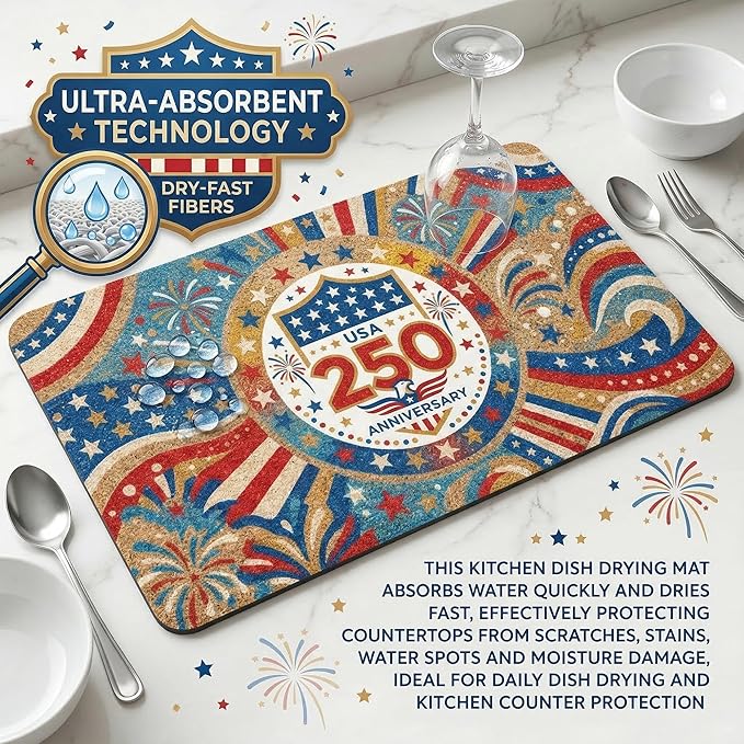 250th Anniversary USA Patriotic Dish Drying Mat 12x20 Absorbent Non-Slip Kitchen Bar Mat, Bold Eagle American Flag Stars Fireworks Freedom Decor for Memorial Day, 4th of July & USA 250 Celebration