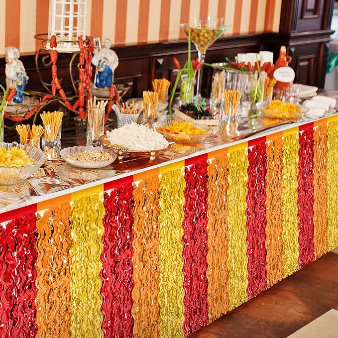 Thanksgiving Table Skirt Decor, 2 Pack Red Orange Gold Desk Skirts Decorations, Metallic Thanksgiving Wavy Tinsel Foil Fringe Table Skirts, Foli Table Skirt for Fall Holiday Party Backdrop Decor