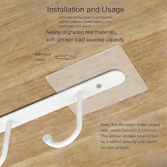Adhesive Mug Holder Under Cabinet No Drilling Clip-On Utensil Holder for Kitchen Counter & Cooking Utensil Holder with 6 Kitchen Hooks Space Saving for Coffee Cup Spatula Measuring Cup