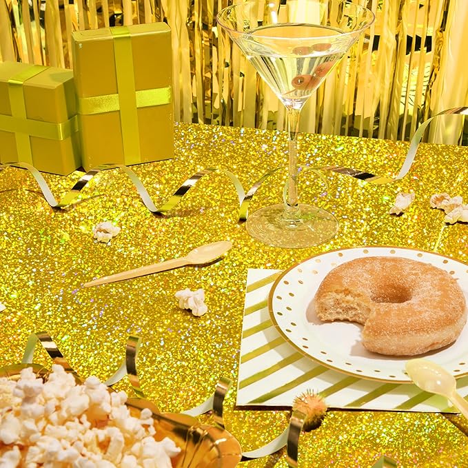 Just Shimmer Sparkling Holographic Laser Tablecloth - Shimmering, Waterproof, Easy to Clean - Ideal for Bachelorette, Birthday, Wedding, and Anniversary Party Decorations (Light Blue & Gold, 2)