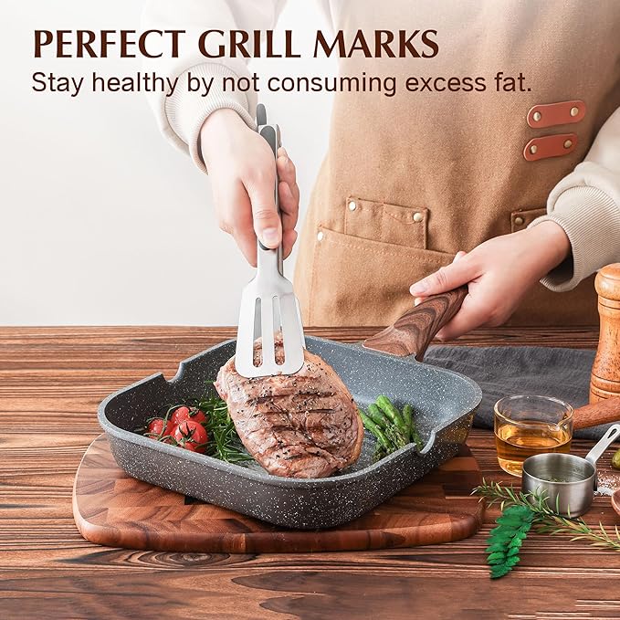 SENSARTE Nonstick Grill Pan with Lid, Grill Pan for Stove Tops, Versatile Griddle with Pour Spouts, Square Big Cooking Surface, Durable Skillet Indoor & Outdoor Grilling. PFOA Free, 12Inch