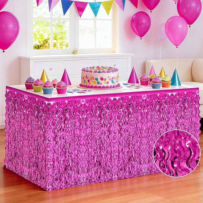 2 Pack Hot Pink Table Skirt Decor, Breast Cancer Awareness Decorations Foil Grass Skirt for Table, Metallic Wavy Tinsel Foil Fringe Table Skirts, Table Foil Skirts Wedding Birthday Valentines Party