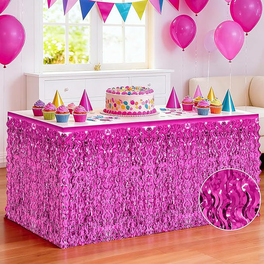 2 Pack Hot Pink Table Skirt Decor, Breast Cancer Awareness Decorations Foil Grass Skirt for Table, Metallic Wavy Tinsel Foil Fringe Table Skirts, Table Foil Skirts Wedding Birthday Valentines Party
