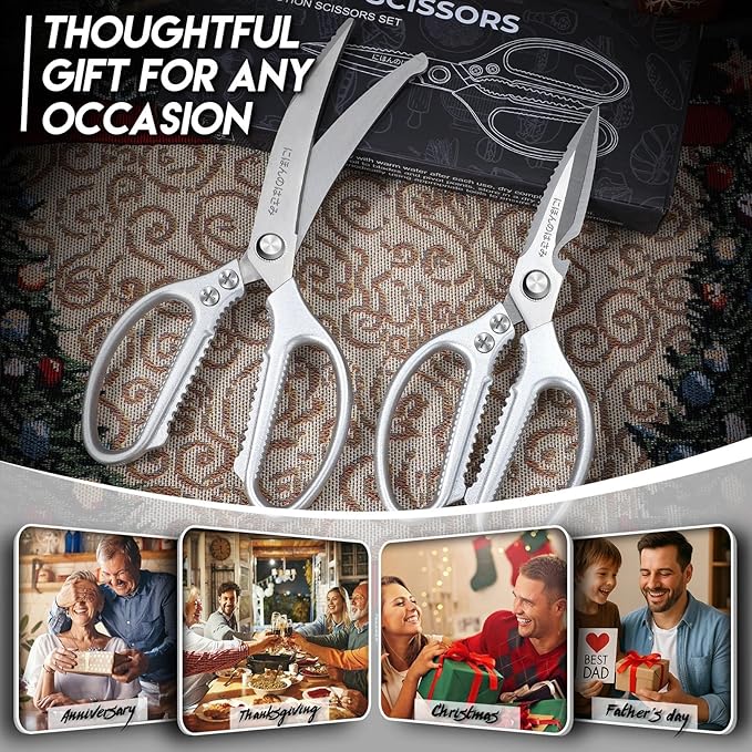 TIJERAS Kitchen Scissors Set Silver - Stainless Steel Kitchen Shears, Sharp Meat Scissors Dishwasher Safe, Heavy Duty Poultry Shears, Japanese Cooking Scissor for Food, Chicken, Gifts for Women