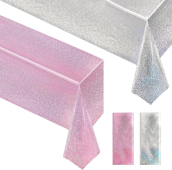 PalePink & Silver Holographic Tablecloth 40" x 108" Hot Pink Party Decoration Valentine's Day Birthday Party Table Decor Iridescence Plastic Table Cloth for Baby Shower Bachelorette Party Supplies