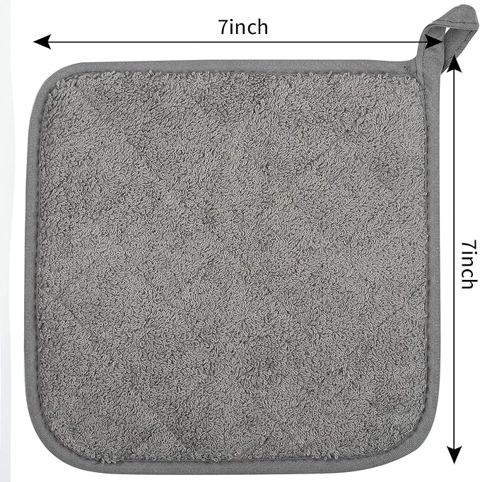 100% Cotton Kitchen Everyday Basic Terry Pot Holder Heat Resistant Coaster Potholder for Cooking and Baking Set of 5 Grey