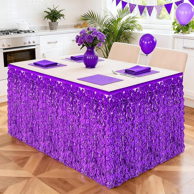 Mardi Gras Table Skirt, 2 Pack Purple Foil Grass Table Skirt, Halloween Metallic Wavy Tinsel Foil Fringe Table Skirts, Table Skirts for Halloween Graduations Mardi Gras Parade Party Decor