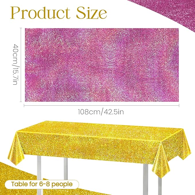 Just Shimmer Sparkling Pink & Gold Holographic Laser Tablecloth - Shimmering, Waterproof, Easy to Clean - Ideal for Bachelorette, Birthday, Wedding, and Anniversary Party Decorations
