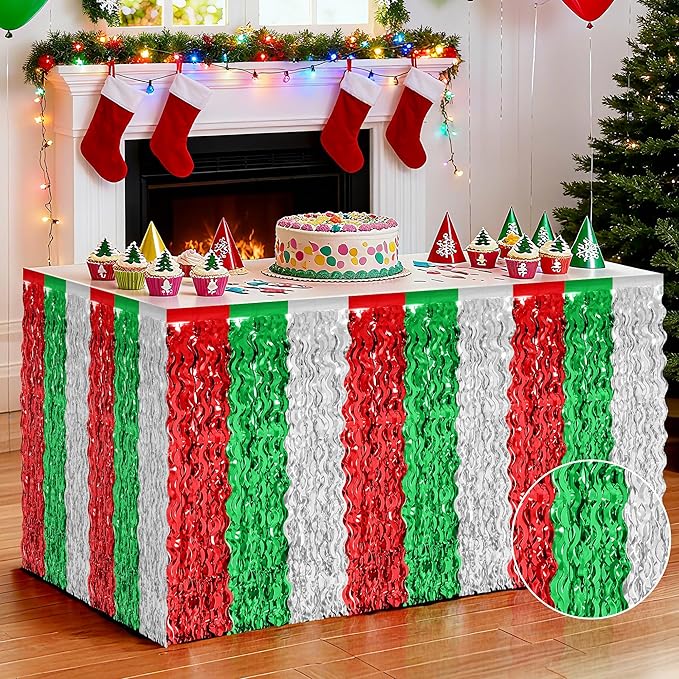 Christmas Table Skirt, 2 Pack Red Silver Green Desk Skirts Party Decorations, Metallic Xmas Wavy Tinsel Foil Fringe Table Skirts, Foil Table Skirt for Indoor Christmas Party Backdrop
