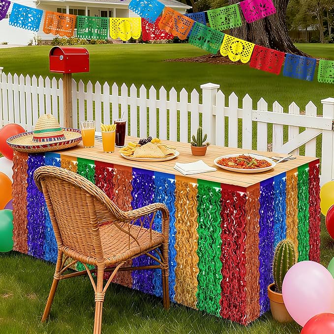 Cinco De Mayo Decorations, 2 Pack Fiesta Table Skirts Supplies for Fiesta Party Decorations, Mexican Theme Metallic Wavy Tinsel Foil Fringe Table Skirts for Photo Booth Props Birthday Table Decor
