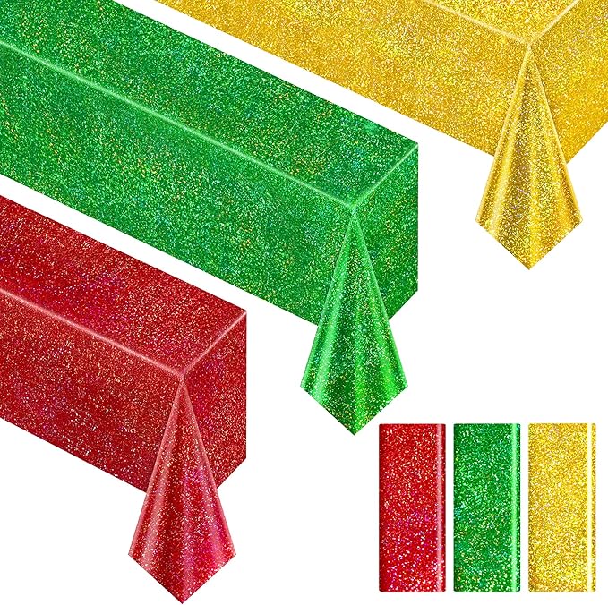Christmas Table Cloth 40" x 108" Red, Green and Gold Holographic Laser Tablecloth Iridescence Shining Plastic Disposable Party Table Decoration For Holiday Event Birthday Party Decor Supplies