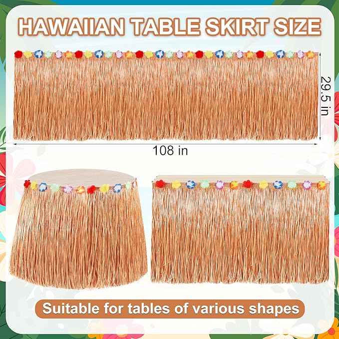 Hawaiian Themed Party Decorations, 2PCS Yellow Luau Party Table Skirt Decorations, 108 X 29.5" Table Skirt Flower Tropical Hula Dance Parties Supplies, Grass Table Skirt for Summer Beach Themed Party