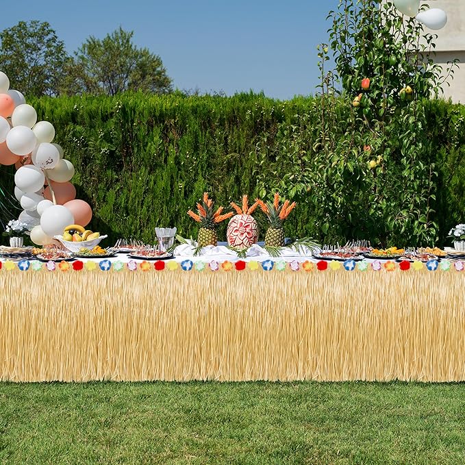 Luau Party Table Skirt Decorations, 4PCS Gold Hawaiian Themed Grass Table Skirt, 108 X 29.5" Flower Tropical Hula Dance Parties Supplies, Table Skirt for Hawaiian Summer Beach Themed Party Decor