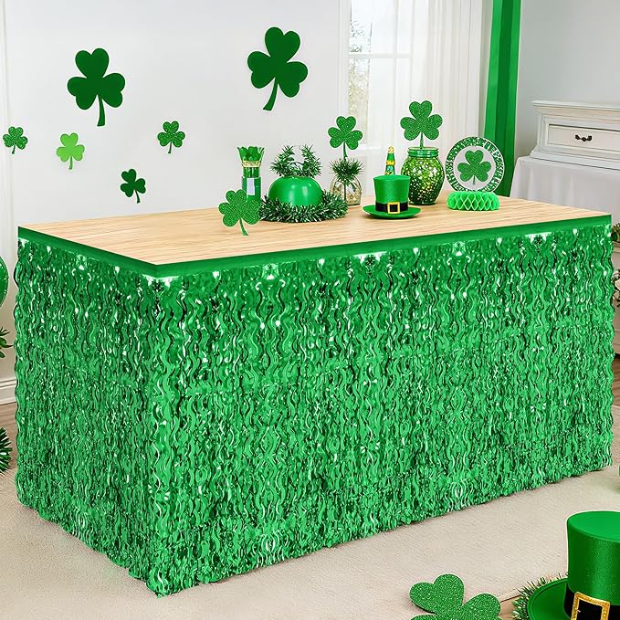 2 Pack Green Table Skirt, St Patrick's Day Foil Grass Table Skirt, Metallic Wavy Tinsel Foil Fringe Table Skirts, Table Skirts for Irish Holiday Saint Patrick Wedding Birthday Valentines Party