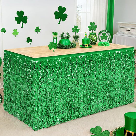 2 Pack Green Table Skirt, St Patrick's Day Foil Grass Table Skirt, Metallic Wavy Tinsel Foil Fringe Table Skirts, Table Skirts for Irish Holiday Saint Patrick Wedding Birthday Valentines Party