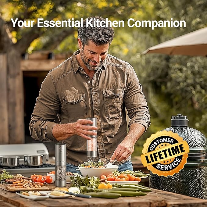 ThermoMaven Electric Salt and Pepper Grinder Set, 110ml Larger Rechargeable Automatic Salt and Pepper Mill Grinder with 6 Adjustable Coarseness, Electric Salt and Pepper Shakers, LED, White Sand