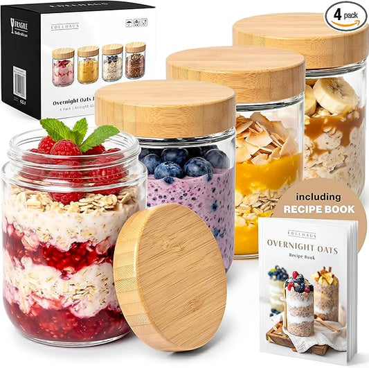 EDELHAUS Overnight Oats Containers with Lids Bamboo (4 x 16oz) Glass Jars for Oatmeal, Meal Prep, Food Storage | Leak-Proof Mason Jars for Oats, Cereal, Yogurt, Chia Pudding [Thicker Glass 3mm]