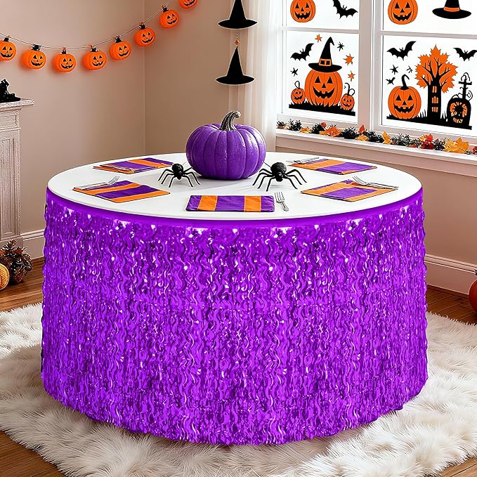 Mardi Gras Table Skirt, 2 Pack Purple Foil Grass Table Skirt, Halloween Metallic Wavy Tinsel Foil Fringe Table Skirts, Table Skirts for Halloween Graduations Mardi Gras Parade Party Decor