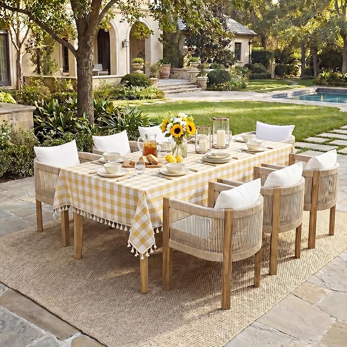 Softalker Checkered Tablecloth Rectangle, Outdoor Linen Cotton Gingham Table Cloth with Tassel, Heavy Duty Wrinkle Free Buffalo Plaid Table Cover for Kitchen Dining Summer Party - 55 x 70 Inch, Yellow