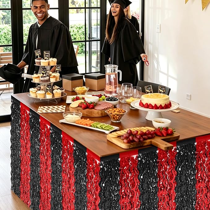 2 Pack 2026 Graduation Party Decorations Desk Skirt, Red Black Desk Grass Skirt for Table, Grad Metallic Wavy Tinsel Foil Fringe Table Skirts, Foil Table Skirt for Birthday Party Class of 2026 Decor