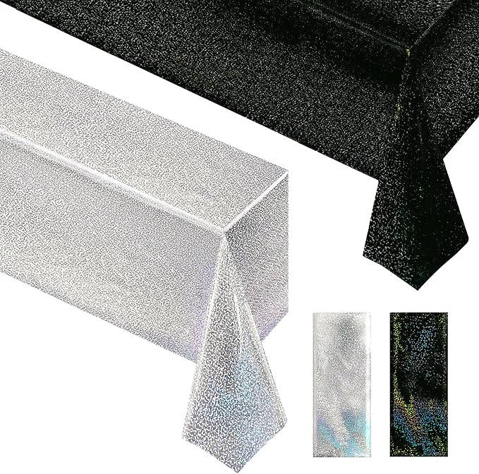 Just Shimmer 2 Pcs Black & Silver Holographic Laser Tablecloths Shiny Plastic Table Cloths 40" x 108" Black and White Classical Halloween Events Birthday Party Decor Anniversary Supplies