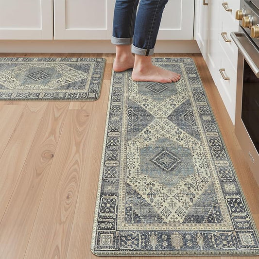GENIMO Kitchen Mats for Floor 2PCs, Washable Anti Fatigue Mat for Cushioned, 17.3"x47"+17.3"x30", Waterproof Kitchen Rugs, Non Slip Comfort Standing Mat Rug for Home, Sink, Laundry, Vintage Blue