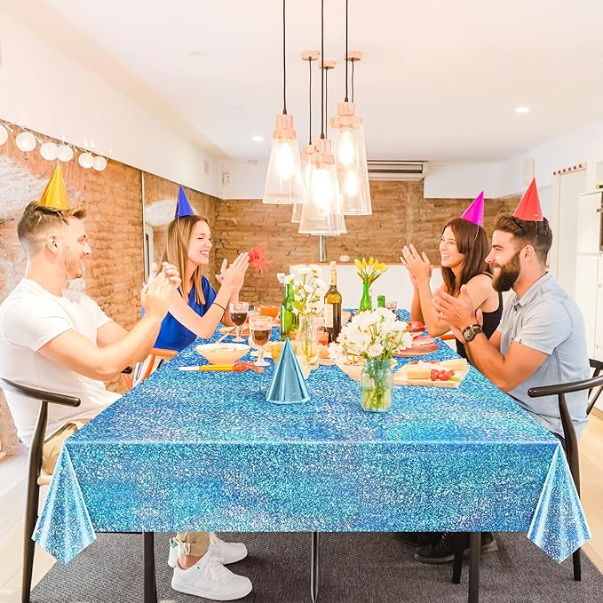 Just Shimmer Sparkling Holographic Laser Tablecloth - Shimmering, Waterproof, Easy to Clean - Ideal for Bachelorette, Birthday, Wedding, and Anniversary Party Decorations (Light Blue & Gold, 2)