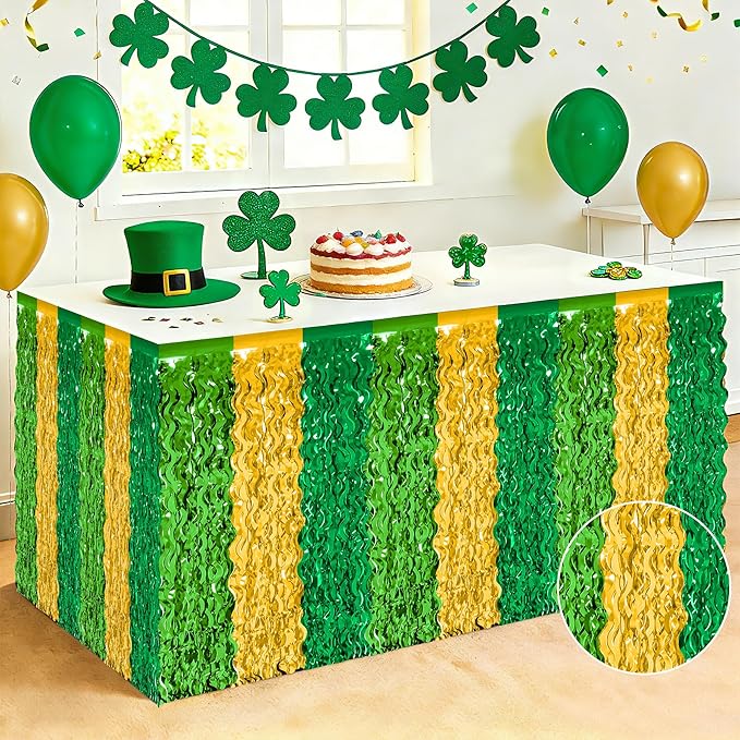 2 Pack St Patricks Day Table Skirts Decorations, Green Gold Saint PatricksTable Skirt, 29.5 x 108" Irish Decor, Metallic Wavy Tinsel Fringe Foil Grass Table Skirt for Party Event Parade Float Decor