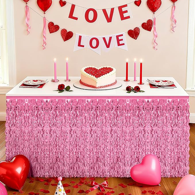 Valentines Day Table Skirt Decor, 2 Pack Pink Foil Grass Table Skirt, Metallic Wavy Tinsel Foil Fringe Table Skirts, Table Skirts for Wedding Birthday Graduations Valentines Day Parade Party