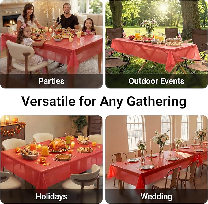Auros Premium Plastic Tablecloths 10 Pack, 54 x 108 Inch Rectangle Disposable Table Covers for 8FT Tables, Thick & Durable, Waterproof & Spill-Proof, Easy Cleanup for Parties, Wedding, Party Red