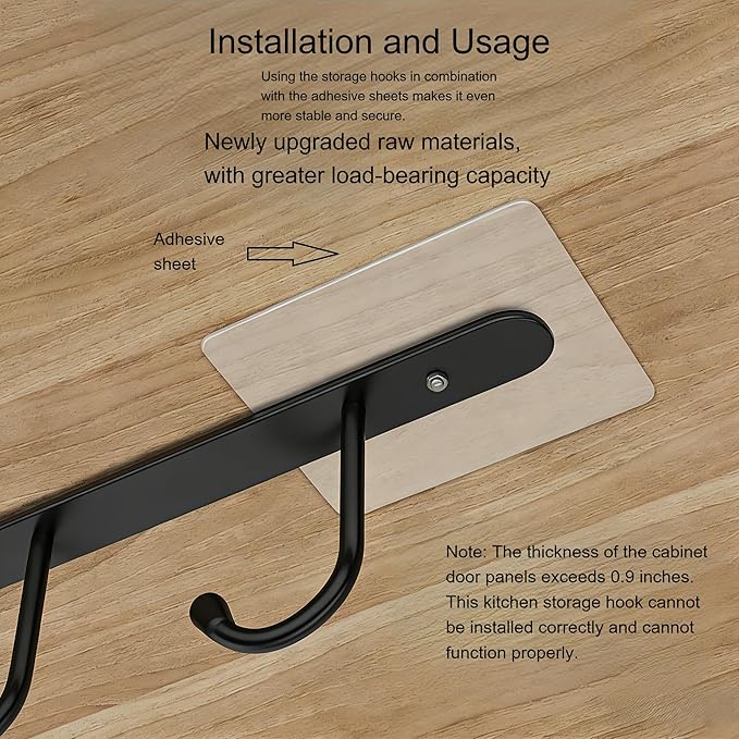 Adhesive Mug Holder Under Cabinet No Drilling Clip-On Cooking Utensil Holder with 6 Kitchen Hooks Space Saving Utensil Holder for Kitchen Counter Wall Hooks for Hanging Spatula Spoon Towel