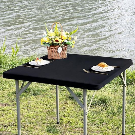 Square Fitted Table Cover Elastic Tablecloth 3ft Stretch Spandex Table Top Cover for Dining Indoor Outdoor Party Black 36X36 Inch