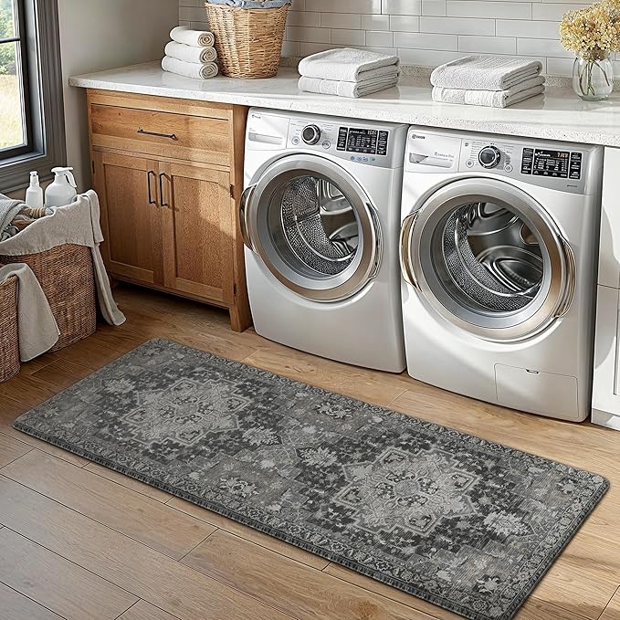 GENIMO Kitchen Mats for Floor 2PCs, Washable Anti Fatigue Mat for Cushioned, 17.3"x47"+17.3"x30", Waterproof Kitchen Rugs, Non Slip Comfort Standing Mat Rug for Home, Sink, Laundry, Dark Gray