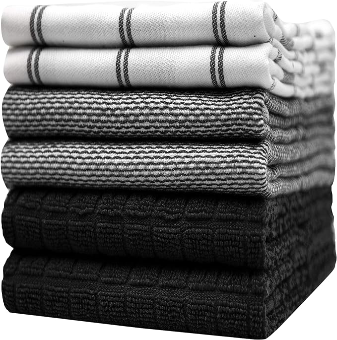 Premium Kitchen Towels (20”x 28”, 6 Pack) | Large Cotton Dish Towels | Flat & Terry Highly Absorbent Kitchen Linen Set with Hanging Loop | Black Check