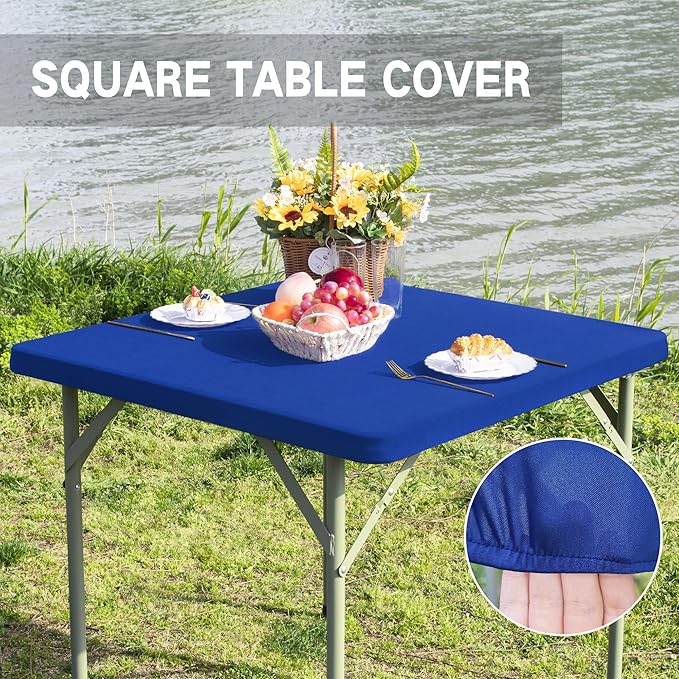 Square Fitted Table Cover Elastic Tablecloth Stretch Spandex Table Top Cover Tables Topper Cap for Dining Kitchen Home Party Blue 34X34 Inch