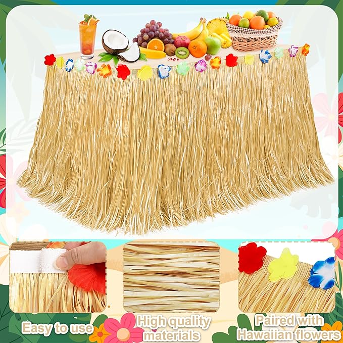 Hawaiian Table Skirt, 2PCS Gold 2PCS Green Luau Themed Grass Table Skirt Party Decorations, 108 X 29.5" Flower Tropical Hula Dance Parties Supplies, Table Skirt for Summer Beach Themed Activities