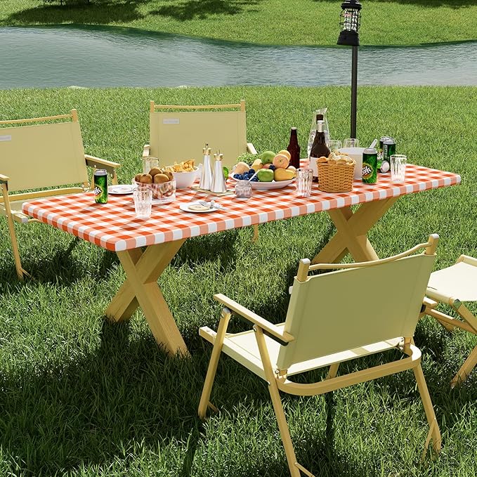 Smiry Picnic Table Cloth 2 Pack, Waterproof Elastic Fitted Tablecloths for 6FT Rectangle Tables, Washable Polyester Buffalo Plaid Tablecloth for Camping, Dining & Outdoor (Orange & White, 30" x 72")