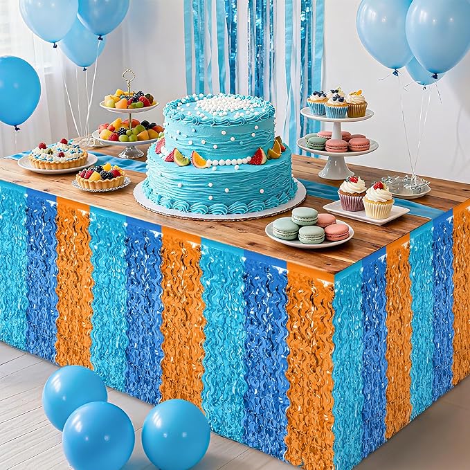 2 Pack Table Skirt, Blue Orange Grass Skirt for Table, Metallic Wavy Tinsel Foil Fringe Desk Skirts, Blue Orange Foil Table Skirt for Birthday Indoor Party Decorations