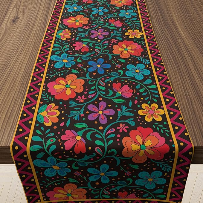Mexican Fiesta Table Runner - Cinco De Mayo Decorations for Fiesta Party Decorations | Dia De Los Muertos Decorations Cinco De Mayo Rustic Linen Home Dining Room Kitchen Table Decor